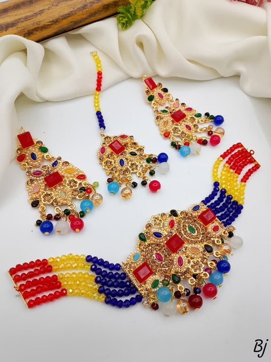 Fancy Beautiful Delicate Design Manjoos Choker Set With Earings And Tika For Her