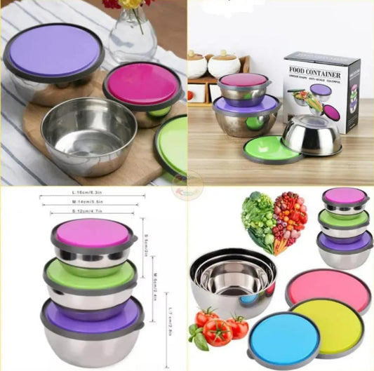 Stainless Steel 3 Pcs Food Storage Box Airtight (Random Color)