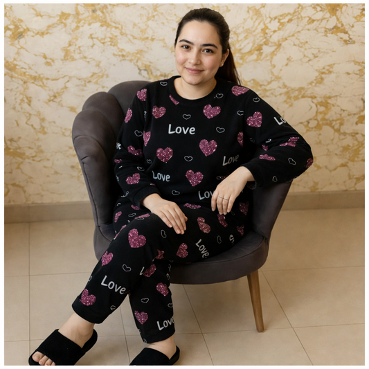Winter Black Love Heart Co-Ord Set Women Night Suit