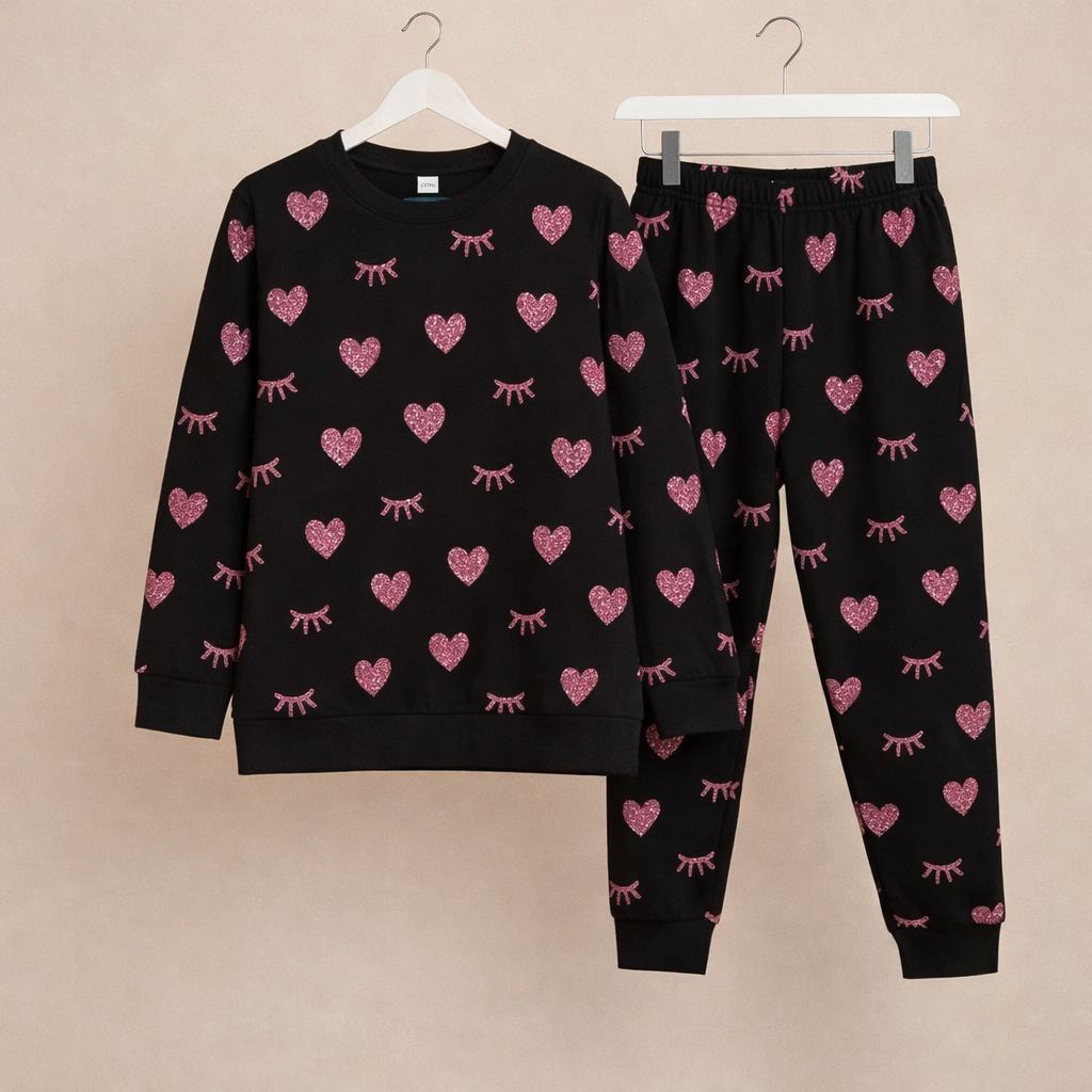 Winter Black Love Heart Co-Ord Set Women Night Suit