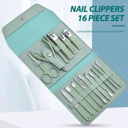 Set Of 16 Nail Clipper - Stainless Steel Manicure Kit With Folding Bag (Random Color)