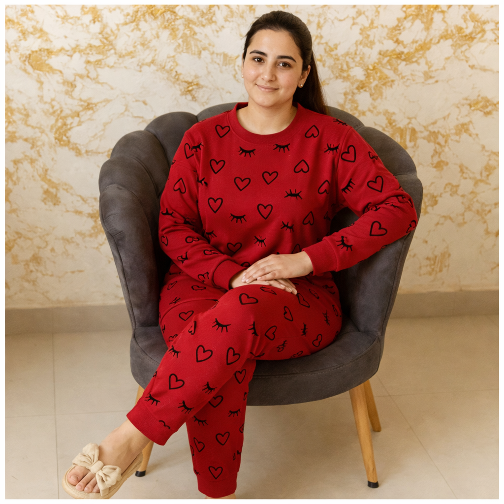 Winter Red Sleepy Love Co-Ord Set Women Night Suit