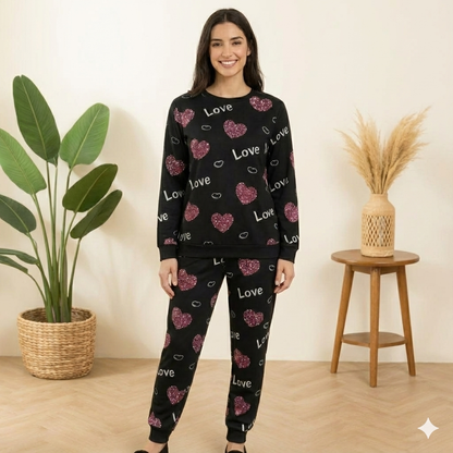 Winter Black Love Heart Co-Ord Set Women Night Suit