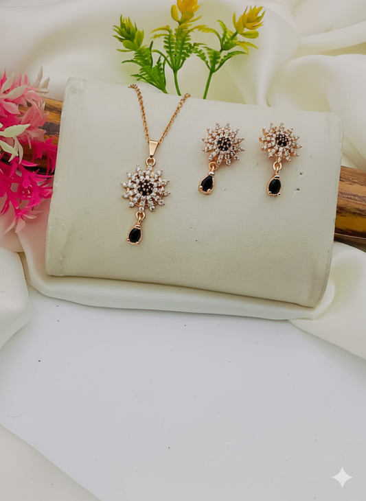 Fancy Beautiful Gold Plated Flower Design Micro Zircon Work Locket Set For Her