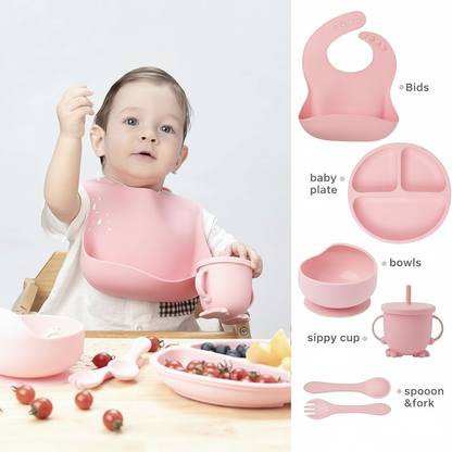 Set of 6 Pcs Silicone Baby Feeding Set (Random Color)
