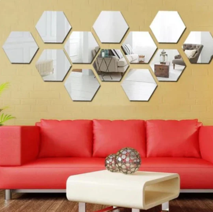 12 Pcs Glimmer Hex Silver Wall Mirror Set (4x4 inch)