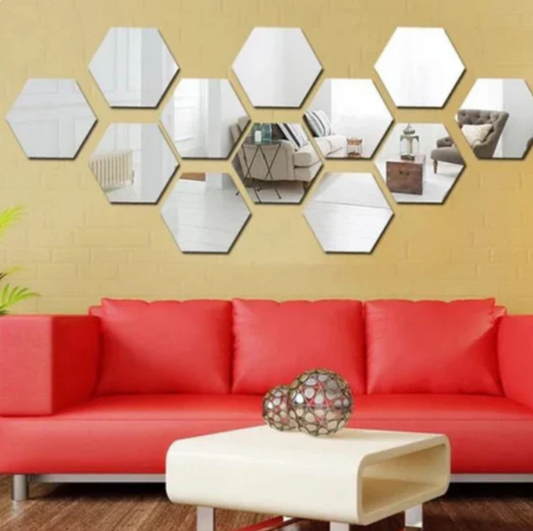 12 Pcs Glimmer Hex Silver Wall Mirror Set (4x4 inch)