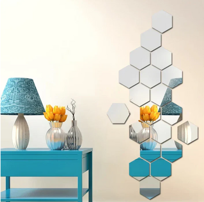 12 Pcs Glimmer Hex Silver Wall Mirror Set (4x4 inch)