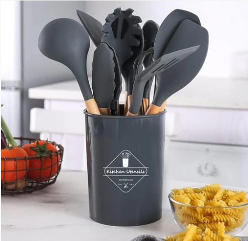 12 Pcs Silicone Wooden Handle Kitchen Cooking Utensil Set (Random Color)