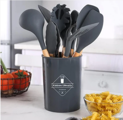 12 Pcs Silicone Wooden Handle Kitchen Cooking Utensil Set (Random Color)