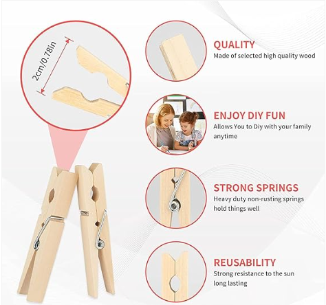 20 Pcs Wooden Clothespins – Strong Grip Laundry Pegs for Clothes