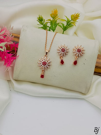 Fancy Beautiful Gold Plated Flower Design Micro Zircon Work Locket Set For Her