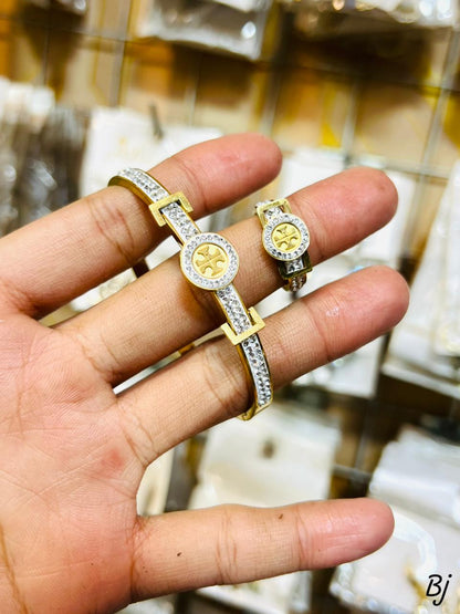 Fancy Beautiful Tory Burch Brand Double Line Zircon Stainless Steel HandCuffs Plus Stainless Steel Rings For Her