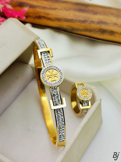 Fancy Beautiful Tory Burch Brand Double Line Zircon Stainless Steel HandCuffs Plus Stainless Steel Rings For Her