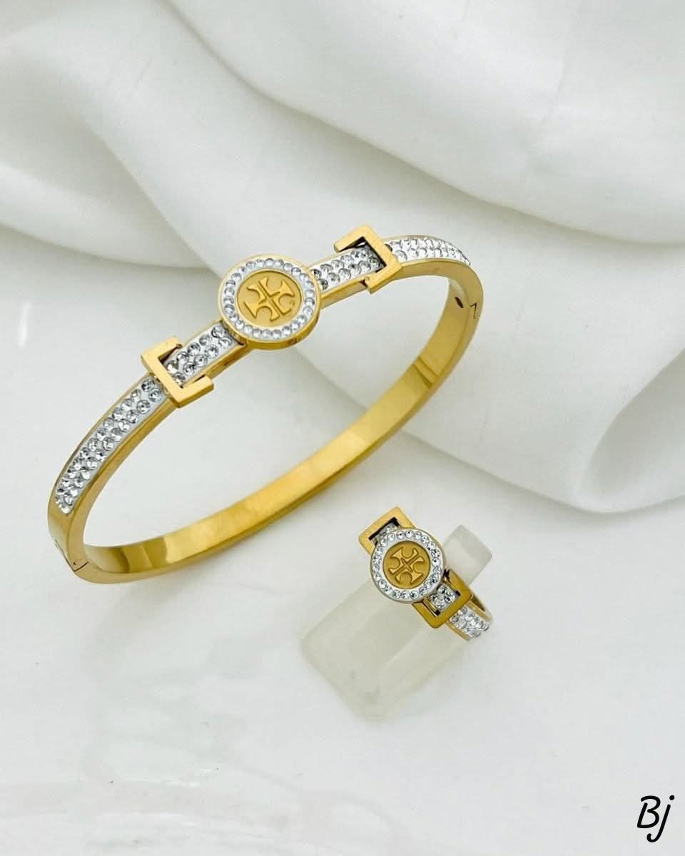 Fancy Beautiful Tory Burch Brand Double Line Zircon Stainless Steel HandCuffs Plus Stainless Steel Rings For Her