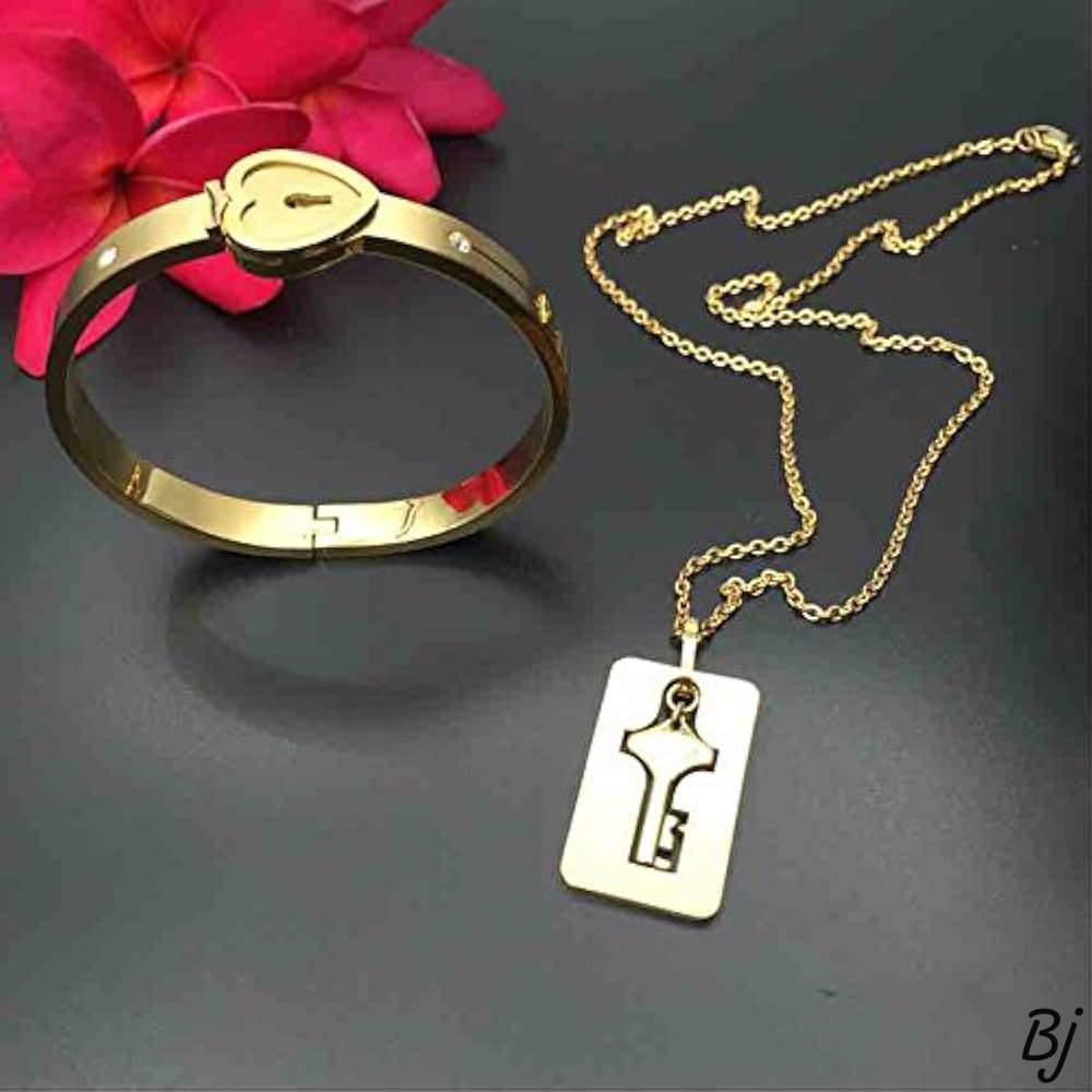 Fancy Beautiful Anti Tarnish Stainless Steel Lock Bracelet And Key Necklace For Her
