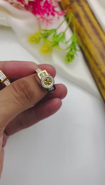 Fancy Beautiful Tory Burch Brand Double Line Zircon Stainless Steel HandCuffs Plus Stainless Steel Rings For Her